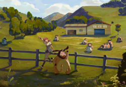 1girl absurdres arm_up building buttons cloud commentary_request creatures_(company) day fence game_freak gen_2_pokemon grass gym_leader hair_ornament hairclip highres miltank nazgul_(5511474) nintendo open_mouth outdoors pink_hair pokemon pokemon_(creature) pokemon_hgss red_eyes rural shoes short_sleeves shorts sitting sky socks spread_fingers striped_clothes striped_legwear striped_socks teeth tree whitney_(pokemon) wristband