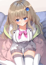 1girl 3: 9-nine- absurdres arms_at_sides blue_eyes blurry blurry_background blush bow breasts cardigan closed_mouth commentary dress eyes_visible_through_hair foreshortening gear_hair_ornament hair_between_eyes hair_ornament highres indoors knees_out_of_frame kujou_miyako large_breasts light_brown_hair light_particles long_hair looking_to_the_side nodoameyatou on_bed open_cardigan open_clothes pink_bow pink_cardigan pleated_dress pov raised_eyebrows school_uniform short_dress shy sidelocks sitting sleeves_past_wrists solo split_mouth star_(symbol) star_print thighhighs thighs tsurime very_long_hair wariza wavy_hair white_dress white_thighhighs wing_hair_ornament zettai_ryouiki