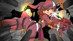 1girl 6+boys animal_ears ass blush brown_hair bullet bullpup eyecatch fake_animal_ears gloves gun holding holding_gun holding_weapon llenn_(sao) looking_back multiple_boys official_art open_mouth p-chan_(p90) p90 personal_defense_weapon pink_eyes pink_gloves pink_weapon shell_casing solo_focus submachine_gun sword_art_online sword_art_online_alternative:_gun_gale_online weapon