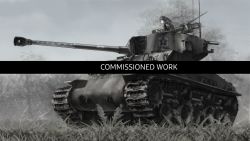 1girl browning_m2 closed_mouth commentary commission emblem english_commentary english_text extra frown girls_und_panzer grass gun headphones heavy_machine_gun highres holding m4_sherman m4a3e8 machine_gun medium_hair military military_vehicle motor_vehicle muted_color outdoors ponytail radio saunders_(emblem) saunders_military_uniform star_(symbol) tank useless_(gss44344) vehicle_focus watermark weapon