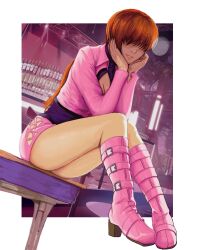 Rule 34 | 1girl, boots, bottle, breasts, cleavage, cleavage cutout, clothing cutout, curvy, dress, female focus, fishnets, indoors, jacket, large breasts, leather, legs up, long hair, long sleeves, luis santander, luissantander, ponytail, red hair, shermie (kof), shiny skin, skirt, smile, table, the king of fighters, thick thighs, thighs, wide hips