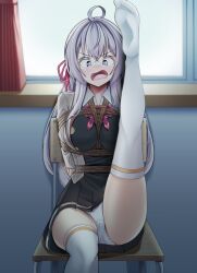 1girl 1other ahoge alisa_mikhailovna_kujou angry arms_behind_back bdsm between_breasts black_shirt black_skirt blush bondage bound bound_arms bound_breasts bound_torso breast_bondage breasts brown_jacket bt_(3212637) chair classroom clenched_hand collared_shirt embarrassed glaring hair_between_eyes hair_ornament hair_ribbon highres indoors jacket leg_up legs long_hair looking_ahead looking_at_another looking_down medium_breasts motion_lines multicolored_hair open_mouth panties pleated_skirt purple_eyes purple_hair ribbon rope school_chair school_uniform seiren_academy_school_uniform shirt skin_tight skindentation skirt tearing_up tears textless_version thighhighs thighs tokidoki_bosotto_roshia-go_de_dereru_tonari_no_alya-san tongue two-tone_hair underwear upskirt very_long_hair white_hair white_panties white_shirt white_thighhighs window