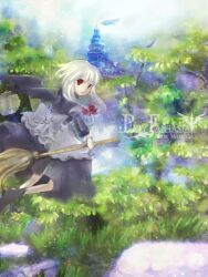 Rule 34 | 1girl, apron, back bow, bat wings, black dress, black shoes, black wings, bow, broom, bush, castle, commentary request, copyright name, dress, expressionless, frilled apron, frills, full body, grass, hair bow, holding, holding broom, juliet sleeves, long hair, long sleeves, looking at viewer, open mouth, pixiv fantasia, pixiv fantasia new world, puffy sleeves, red bow, red eyes, rock, shiosumi aya, shoes, sidelocks, solo, tree, waist apron, waist bow, white apron, white bow, white hair, wings