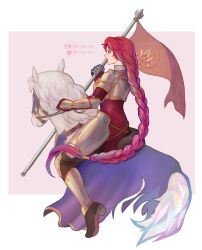 1girl armor artist_name border braid braided_ponytail ciarre commentary english_commentary faulds fire_emblem fire_emblem:_path_of_radiance flag green_eyes highres holding holding_flag horse long_hair mature_female nintendo pink_background red_hair shoulder_armor sitting solo titania_(fire_emblem) tumblr_username twitter_username very_long_hair white_border