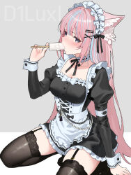 1girl absurdres animal_ear_fluff animal_ears apron black_thighhighs blue_eyes blush breasts cat_ears choker cleavage elegia food frilled_choker frills garter_belt grey_background grey_hair highres ice_cream long_hair long_sleeves looking_at_viewer maid maid_apron maid_headdress medium_breasts multicolored_hair original pink_hair skindentation solo streaked_hair thighhighs very_long_hair zettai_ryouiki