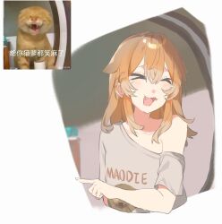 &gt;3&lt; 2794938064 absurdres animal_ears cat_ears chinese_commentary commentary fang green_eyes hair_between_eyes highres humanization meme off-shoulder_shirt off_shoulder orange_cat original parody pointing pointing_to_the_side round-headed_mao_die round-headed_mao_die_(meme) scene_reference shirt tears tom_and_jerry white_background