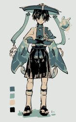 1boy aqua_cape aqua_eyes aqua_gemstone aqua_hat aqua_kimono aqua_rope aqua_sleeves aqua_theme armor belt black_belt black_bow black_hair black_leggings black_sandals black_shorts blunt_ends bow bridal_gauntlets cape creature crossed_arms full_body furisode gem genshin_impact grey_background hakama hakama_shorts hand_on_own_arm hat highres japanese_armor japanese_clothes jingasa juban kimono kote kurokote layered_sleeves leg_warmers leggings limited_palette looking_at_creature male_focus middle_ring open_clothes open_kimono pleated_shorts qqr_nn sandals scaramouche_(genshin_impact) short_sleeves shorts solo standing toenails toes vision_(genshin_impact) wanderer_(genshin_impact) white_kimono white_leg_warmers zouri