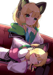 2girls absurdres animal_ear_headphones animal_ears backlighting black_thighhighs blonde_hair blue_archive blue_necktie blunt_bangs blush bow buttons cat_ear_headphones cat_ears closed_eyes closed_mouth collared_shirt commentary couch dutch_angle fake_animal_ears feet_out_of_frame finger_to_mouth green_bow green_eyes green_jacket green_trim hair_bow hand_on_another&#039;s_head hand_up headphones highres index_finger_raised jacket jacket_partially_removed lap_pillow long_sleeves looking_at_viewer low-tied_sidelocks lying medium_hair midori_(blue_archive) momoi_(blue_archive) multicolored_jacket multiple_girls multiple_hair_bows necktie no_halo on_couch open_clothes open_jacket parted_bangs parted_lips pink_bow pink_jacket pink_trim re_iria0613 school_uniform shirt shushing siblings sidelocks simple_background sisters sitting sleeping sleeping_on_person smile split_mouth suspenders thighhighs twins white_background white_jacket white_shirt wide_sleeves