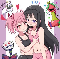 2girls absurdres akemi_homura black_hair black_hairband black_pants black_sports_bra blush bound breasts cleavage closed_mouth grabbing_another&#039;s_breast groping hair_ribbon hairband hand_on_another&#039;s_waist highres kaname_madoka kurogami1156 kyubey long_hair looking_at_viewer mahou_shoujo_madoka_magica mahou_shoujo_madoka_magica_(anime) midriff multiple_girls navel pants pink_eyes pink_hair pink_pants pink_sports_bra ribbon rope short_twintails small_breasts smile sports_bra stomach tied_up_(nonsexual) twintails very_long_hair wavy_mouth witch_(madoka_magica) yoga_pants yuri