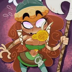1girl animated animated_gif areola_slip axe barbara_(rayman) blush breasts cleavage cum flustered gheyblin interspecies large_breasts lum_(rayman) navel no_bra paizuri penis rayman_(series) rayman_legends reverse_paizuri standing standing_paizuri uncensored