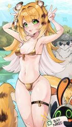 1boy 1girl animal_ears bangboo_(zenless_zone_zero) bikini blonde_hair breasts colored_inner_hair eous_(zenless_zone_zero) ghoulmommie gold_bikini green_eyes highres ju_fufu long_hair looking_at_viewer multicolored_hair open_mouth pan_yinhu smile solo swimsuit tail tiger_ears tiger_girl tiger_tail zenless_zone_zero
