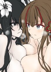 +_+ 2girls absurdres asymmetrical_docking black_eyes breast_press breasts brown_hair catmito1412 chinese_knot commentary_request earrings flower flower-shaped_pupils fubuki_(senran_kagura) hair_flower hair_ornament hair_rings hairpin highres jewelry large_breasts lily_(flower) long_hair looking_at_another mismatched_earrings multicolored_hair multiple_girls multiple_hairpins nude pale_skin pink_pupils red_streaks senran_kagura senran_kagura_new_link streaked_hair symbol-shaped_pupils toki_(senran_kagura) white_flower white_lily
