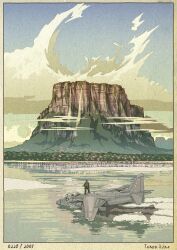 1boy ace_combat ace_combat_04 aircraft airplane border cloud commentary_request day english_text fighter_jet fine_art_parody hawker_harrier highres military_vehicle mountain nihonga outdoors parody scenery standing ukiyo-e water yuukou