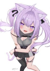 Rule 34 | 1girl, ahoge, alternate hair length, alternate hairstyle, animal ear fluff, animal ears, artist name, asymmetrical legwear, bandaid, bandaid on arm, bare arms, belt, belt buckle, black belt, black ribbon, black thighhighs, blush, breasts, buckle, cat ears, cat girl, cat tail, cleavage, cleavage cutout, clothing cutout, crossed arms, double-parted bangs, feet out of frame, floating hair, from above, grey shirt, grey skirt, hair between eyes, hair ribbon, hololive, knees together feet apart, kyo se, large breasts, long bangs, long hair, long sidelocks, looking at viewer, looking up, lower teeth only, multicolored eyes, nekomata okayu, open mouth, pleated skirt, purple eyes, purple hair, purple tail, ribbed shirt, ribbon, shirt, shoulder belt, sidelocks, signature, skirt, sleeveless, sleeveless shirt, smile, solo, striped clothes, striped skirt, tail, teeth, thigh strap, thighhighs, twintails, virtual youtuber, wristband, yellow eyes