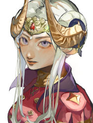 1girl blonde_hair cape closed_mouth collared_cape commentary_request double_bun dress edelgard_von_hresvelg edelgard_von_hresvelg_(timeskip) fake_horns fire_emblem fire_emblem:_three_houses hair_bun hair_up headpiece high_collar highres horns looking_at_viewer looking_to_the_side n_e_m nintendo purple_eyes red_cape red_dress shade simple_background solo upper_body white_background