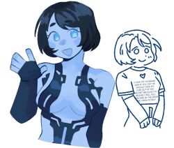 1girl animification blue_eyes blue_skin breasts collarbone colored_skin cortana english_text halo_(series) halo_4 heart hoshizora_lone medium_breasts multiple_views shirt short_hair simple_background smile t-shirt waving white_background
