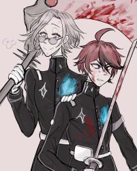 2boys ahoge aotsuki_eito black_hair blood blood_on_clothes blood_on_face blood_splatter blue_eyes glasses highres holding holding_scythe holding_sword holding_weapon last_defense_academy_school_uniform male_focus messy_hair multicolored_eyes multicolored_hair multiple_boys parted_hair red_eyes red_hair scythe simple_background smile sumino_takumi sword the_hundred_line_-last_defense_academy- weapon white_hair