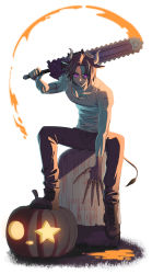 1boy absurdres animal_ears azuma_michinaga bare_shoulders black_footwear bolt_(hardware) boots buffalo chainsaw character_name claws cow_ears dongwook_exd glowing glowing_eyes halloween highres holding holding_behind_back holding_sword holding_sword_behind_back holding_weapon holding_weapon_behind_back horns jack-o&#039;-lantern kamen_rider kamen_rider_buffa kamen_rider_geats_(series) kamen_rider_punkjack korean_commentary long_fingers looking_at_viewer mechanical_hands monster_boy pants shadow single_mechanical_hand sitting star_(symbol) stitched_arm stitched_face stitches sword tail tank_top tombstone water_buffalo weapon white_tank_top zombie zombie_breaker