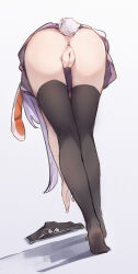 1girl absurdres ass bent_over black_panties black_thighhighs cameltoe cleft_of_venus commentary from_behind full_body grey_background gumingdi_ban highres long_hair panties pussy rabbit_girl rabbit_tail reisen_udongein_inaba simple_background solo tail thighhighs touhou underwear unworn_panties variant_set