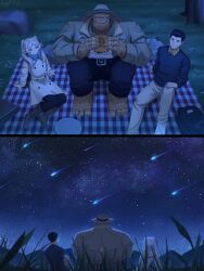 Rule 34 | 1girl, 2boys, absurdres, ben grimm, closed mouth, dress, earrings, elf, fantastic four, food, frieren, green eyes, hat, highres, invincible (series), jewelry, long hair, looking at viewer, mark grayson, marvel, multiple boys, picnic, pointy ears, rappa (sirrappa), scarf, sousou no frieren, twintails, white hair