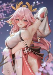 Rule 34 | 1girl, 3d, animal ears, arm behind head, armpits, bare shoulders, blender (medium), blurry, blurry foreground, blush, breast lift, breasts, cherry blossoms, chestnut mouth, commentary, cowboy shot, depth of field, detached sleeves, earrings, ears down, english commentary, fox ears, fox girl, genshin impact, hair ornament, highres, jewelry, large breasts, long hair, looking down, nontraditional miko, obi, pink eyes, pink hair, pink nails, pink skirt, presenting armpit, sash, shiny skin, shirt, side slit, sideboob, skirt, sleeveless, sleeveless shirt, solo, sweat, teeth, ucupumar, upper teeth only, veins, veiny breasts, very long hair, white shirt, white sleeves, wide sleeves, yae miko