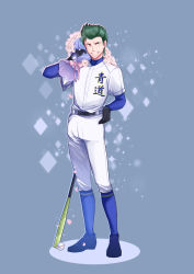1boy ace_of_diamond baseball baseball_bat baseball_uniform black_gloves blue_footwear blue_legwear bouquet flower full_body gloves green_eyes green_hair grey_background grin hand_on_own_hip haruka_(5885352) high-waist_pants highres kuramochi_youichi male_focus over_shoulder pants simple_background smile solo sportswear standing
