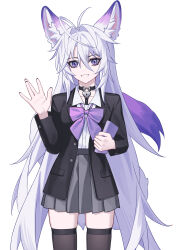 Rule 34 | 1girl, absurdres, animal ear fluff, animal ears, black jacket, bow, breasts, collared shirt, commentary, cowboy shot, fingernails, fox ears, fox girl, fox tail, grey skirt, hair between eyes, highres, holding, jacket, long hair, looking at viewer, luo shun yao, meng xi xuan, original, purple bow, purple eyes, purple hair, shirt, shirt tucked in, simple background, skirt, small breasts, smile, solo, tail, thighs, very long hair, white background, white shirt