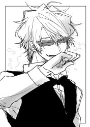 Rule 34 | 1boy, arm up, bow, bowtie, closed eyes, collared shirt, commentary request, durarara!!, greyscale, heiwajima shizuo, highres, laughing, lower teeth only, male focus, mochichiwa, monochrome, open mouth, parted bangs, shirt, short hair, sleeve cuffs, solo, sunglasses, teeth, upper body, vest, wing collar