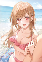 1boy 1girl beach bikini blue_sky breasts cleavage cloud collarbone commentary_request cowboy_shot day highres innertube light_brown_hair long_hair looking_at_viewer medium_breasts original outdoors pink_bikini red_eyes side-tie_bikini_bottom sky smile solo_focus swim_ring swimsuit zattape