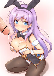 Rule 34 | 1boy, breasts, cleavage, cum, cum on body, cum on breasts, cum on upper body, cumdrip, hair ornament, heart, heart-shaped pupils, highres, iris mysteria!, large breasts, leotard, long hair, penis, playboy bunny, rabbit hair ornament, symbol-shaped pupils, textless version, yuu (yumezakura)