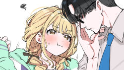 1boy 1girl :t adjusting_eyewear black-framed_eyewear black_bow black_hair blush bow braid commentary_request fujita_kotone gakuen_idolmaster glasses hair_bow idolmaster kasasagi_(futagodori888) long_hair looking_at_another pout producer_(idolmaster) short_hair simple_background squiggle twin_braids upper_body white_background