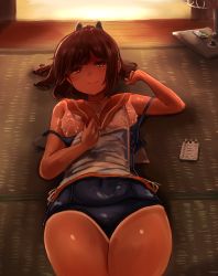 10s 1girl absurdres bad_id bad_nijie_id breasts brown_eyes brown_hair female_focus firebeat_(foxtrot) foxtrot hair_ornament hairclip hand_fan highres i-401_(kancolle) kantai_collection lactation long_hair lying milk name_tag nipples notepad on_back one-piece_swimsuit one-piece_tan ponytail sailor_collar school_swimsuit short_ponytail small_breasts solo strap_slip swimsuit swimsuit_under_clothes tan tanline tatami undressing
