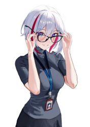 Rule 34 | 1girl, absurdres, alternate costume, breasts, cleavage, colored inner hair, glasses, grey hair, hair between eyes, highres, honkai: star rail, honkai (series), looking at viewer, medium breasts, multicolored hair, senbonsang, shirt, short hair, simple background, smile, solo, streaked hair, topaz (honkai: star rail), white background, white hair