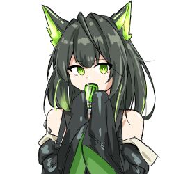 1girl absurdres animal_ears arknights bare_shoulders black_hair bright_pupils character_name commentary_request covered_mouth green_eyes green_hair highres looking_at_viewer material_growth medium_hair mon3tr_(arknights) monster_energy oripathy_lesion_(arknights) partial_commentary product_placement pun simple_background sleeves_past_fingers sleeves_past_wrists solo white_background white_pupils xibu_cai