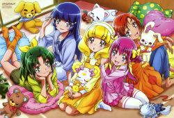 10s 5girls :3 :d :o =_= absurdres akaooni animage aoki_reika barefoot blonde_hair blue_eyes blue_hair blunt_bangs blush body_blush bow candy candy_(smile_precure!) casual cat character_doll closed_eyes collarbone cushion doll door dress eyelashes fingernails floor food full_body green_eyes green_hair hair_between_eyes hair_bow hair_ornament hairband hairclip hand_on_shoulder heart highres hino_akane_(smile_precure!) hoshizora_miyuki indoors interlocked_fingers jacket kawamura_toshie kise_yayoi kneeling knees legs long_hair long_sleeves looking_at_viewer looking_back lying majorina matching_hair/eyes midorikawa_nao multiple_girls no_shoes non-web_source official_art on_floor on_stomach oni open_clothes open_jacket open_mouth open_shirt orange_legwear pants pillow pink_bow pink_eyes pink_hair polka_dot pop_(smile_precure!) precure red_eyes red_hair red_oni shiny_skin shirt short_hair shorts sitting sleeping sleeves_rolled_up smile smile_precure! socks stuffed_animal stuffed_toy thighhighs twirling_hair white_hairband white_legwear wolfrun yellow_eyes zettai_ryouiki