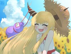 1girl :3 absurdres blonde_hair blue_sky blush bow bowtie brown_horns closed_eyes cloud commentary_request day fang field flower flower_field gourd hat hat_on_horn highres horns ibuki_suika long_hair open_mouth red_bow red_bowtie shirt sidelocks sky sleeveless sleeveless_shirt smile solo straw_hat summer sun_hat sunflower suwa_(au_swap) touhou upper_body very_long_hair white_shirt yellow_flower