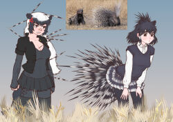 10tile absurdres anger_vein animal_ears badger_ears badger_girl badger_tail bandaid bandaid_on_face bandaid_on_nose black_hair breasts brown_eyes cleavage crested_porcupine_(kemono_friends) elbow_gloves fingerless_gloves gloves grey_hair highres horns jacket kemono_friends large_breasts long_hair long_sleeves multicolored_hair multiple_girls necktie open_clothes open_mouth pantyhose photo-referenced porcupine_ears ratel_(kemono_friends) reference_inset savannah shirt short_hair skirt spikes tail two-tone_hair white_hair