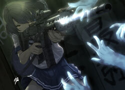 Rule 34 | 1girl, aiming, angled foregrip, blue bag, blue skirt, brown hair, finger on trigger, flashlight, ghost, ghost hands, hair over one eye, holding, holding weapon, howa type 20, kinki spiritual affairs bureau, medium hair, optical sight, pleated skirt, school uniform, serafuku, shirt, short sleeves, skirt, upper body, weapon, white serafuku, white shirt, yellow eyes, zombie mogura