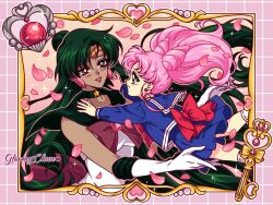 2girls bishoujo_senshi_sailor_moon black_choker bow chibi_usa choker cone_hair_bun dark-skinned_female dark_skin double_bun earrings elbow_gloves garnet_rod gloves green_hair hair_bun hair_ornament highres holding hug jewelry lips long_hair magical_girl meiou_setsuna mroczniak_(gloomy_chuu) multiple_girls pink_hair red_bow red_eyes sailor_collar sailor_pluto sailor_senshi_uniform short_hair single_hair_bun skirt smile twintails white_gloves