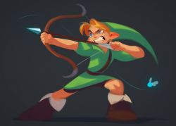 1boy aiming arrow_(projectile) blonde_hair blue_eyes boots bow_(weapon) brown_boots clenched_teeth fairy green_hat green_tunic grey_background hat highres holding holding_bow_(weapon) holding_weapon link looking_up male_focus navi nintendo pointy_ears robin_(robeans_art) solo teeth the_legend_of_zelda the_legend_of_zelda:_ocarina_of_time tunic weapon