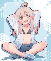1girl :d absurdres ahoge arms_behind_head arms_up artist_name bare_legs bikini black_bikini blue_shoes blush brown_eyes collarbone colored_inner_hair commentary_request cutoffs denim denim_shorts dot_nose flat_chest full_body grey_hair hair_between_eyes head_tilt highres indian_style long_hair long_sleeves looking_at_viewer melciort multicolored_hair navel onii-chan_wa_oshimai! open_clothes open_mouth open_shirt oyama_mahiro pink_hair shirt shoes short_shorts shorts simple_background sitting smile solo stomach string_bikini swimsuit twitter_username two-tone_hair white_shirt