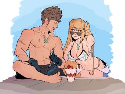 1boy 1girl aged_up bikini blonde_hair breasts brown_hair couple dating glasses highres husband_and_wife large_breasts muscular muscular_male mythra_(xenoblade) rex_(xenoblade) round_eyewear scar swimsuit xenoblade_chronicles_(series) xenoblade_chronicles_2 xenoblade_chronicles_3 yuujin_a