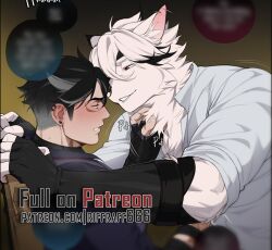 2boys animal_ears black_gloves black_shirt blush censored chair colored_tips commentary cropped english_commentary fingerless_gloves furry furry_male genshin_impact gloves looking_at_another male_focus mosaic_censoring multicolored_hair multiple_boys necktie paid_reward_available patreon_username red_eyes red_necktie riffraffhellyea shirt sitting smile sound_effects speech_bubble sweat von_lycaon white_shirt wolf_boy wolf_ears wriothesley_(genshin_impact) zenless_zone_zero
