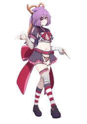 1girl arm_wrap back_bow belt bikini black_bikini black_shoes black_skirt bow breasts broken_heart closed_mouth collar eyepatch fishnet_panties fishnet_thighhighs fishnet_top fishnets frilled_skirt frills full_body heart heart-shaped_pupils heart_eyepatch highres holding holding_scissors long_hair medium_breasts mercy_modiste midriff navel official_art pink_belt pink_eyes pink_ribbon pleated_skirt purple_hair red_socks ribbon scissors scissors_hair_ornament shoes skirt socks solo spiked_collar spikes striped_clothes striped_socks swimsuit symbol-shaped_pupils thighhighs valefal_coneri vallure virtual_youtuber white_socks