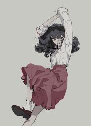 1girl absurdres arms_up black_shoes brown_background brown_eyes brown_hair commentary ddatbbam fear_&amp;_hunger_(series) fear_&amp;_hunger_2:_termina foot_out_of_frame highres knee_up long_hair long_sleeves marina_(fear_&amp;_hunger) mary_janes mouth_piercing parted_lips pink_skirt shirt shirt_tucked_in shoes simple_background skirt sleeve_rolled_up socks solo teeth upper_teeth_only white_shirt white_socks