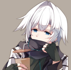 Rule 34 | 1boy, black scarf, blue eyes, bubble tea, drink, drinking straw, earphones, fingerless gloves, gloves, green gloves, green shirt, grey background, hand on own face, holding, holding drink, jacket, long sleeves, looking at viewer, milk tea, original, pupa jiang, scarf, shirt, short hair, signature, simple background, striped clothes, striped jacket, white hair