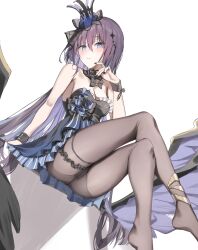 1girl absurdres black_dress black_nails black_pantyhose blue_eyes blush breasts cleavage closed_mouth colored_inner_hair commentary commission crossed_legs dress english_commentary highres honkai_(series) honkai_impact_3rd long_hair medium_breasts multicolored_hair no_shoes official_alternate_costume pantyhose purple_hair scarlet_(wv0102) seele_vollerei seele_vollerei_(eternal_night&#039;s_embrace) seele_vollerei_(herrscher_of_rebirth) simple_background sitting solo two-tone_hair very_long_hair white_background