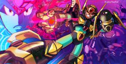 Rule 34 | arm cannon, armor, black armor, black helmet, colored sclera, cowboy shot, euphythefox, forehead jewel, helmet, highres, male focus, mega man (series), mega man x (series), red sclera, solo focus, weapon, yellow eyes