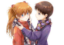 1boy 1girl absurdres baumku_techen black_eyes blue_eyes brown_hair closed_mouth couple eva_00 eva_01 eva_02 hair_between_eyes hetero highres ikari_shinji lilith_(evangelion) long_hair long_sleeves looking_at_another neon_genesis_evangelion open_mouth print_scarf purple_sweater red_sweater ribbed_sweater scarf short_hair simple_background smile souryuu_asuka_langley sweater very_long_hair white_background