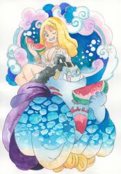 Rule 34 | 1boy, 1girl, ;p, absurdres, black hair, blue kimono, blue skin, blush stickers, breasts, cape, chest tattoo, cleavage, colored skin, commentary request, eating, food, fruit, half updo, highres, holding, holding food, hood, hooded cape, japanese clothes, jinbe (one piece), kimono, nami (one piece), on shoulder, one eye closed, one piece, orange hair, purple cape, sash, tattoo, tongue, tongue out, tusks, watermelon, watermelon slice, wide sleeves, yachiy0, yellow sash